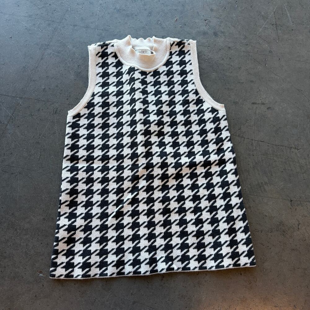 Vintage Y2k the Loft Houndstooth Preppy Black White Knit Vest Tank Top XS